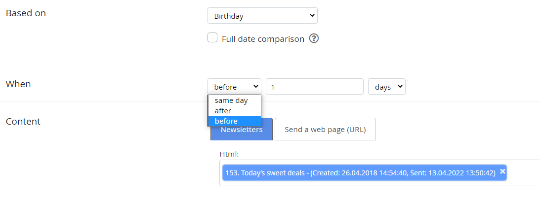 A birthday autoresponder email send 1 day before