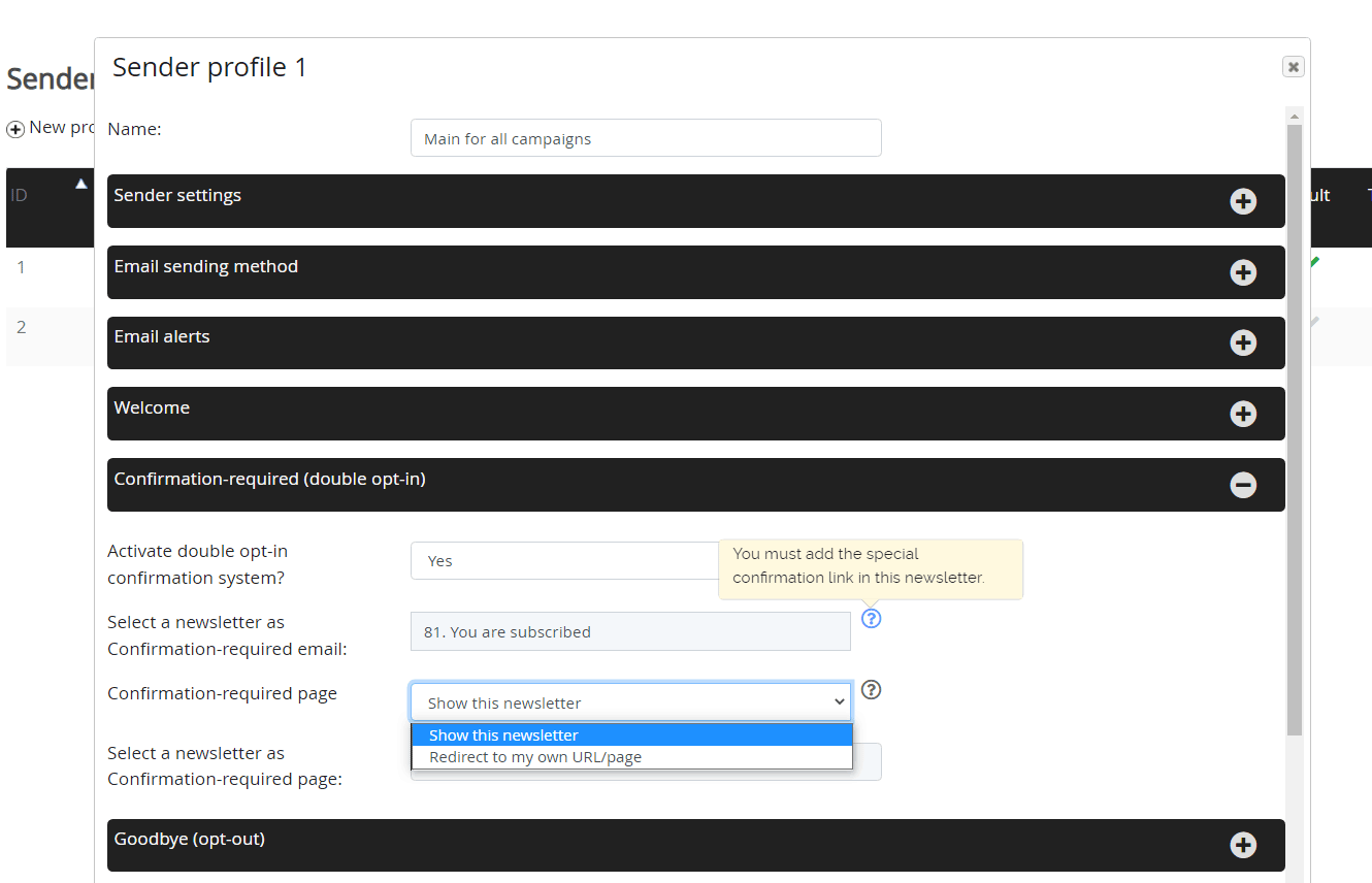 Double opt-in settings